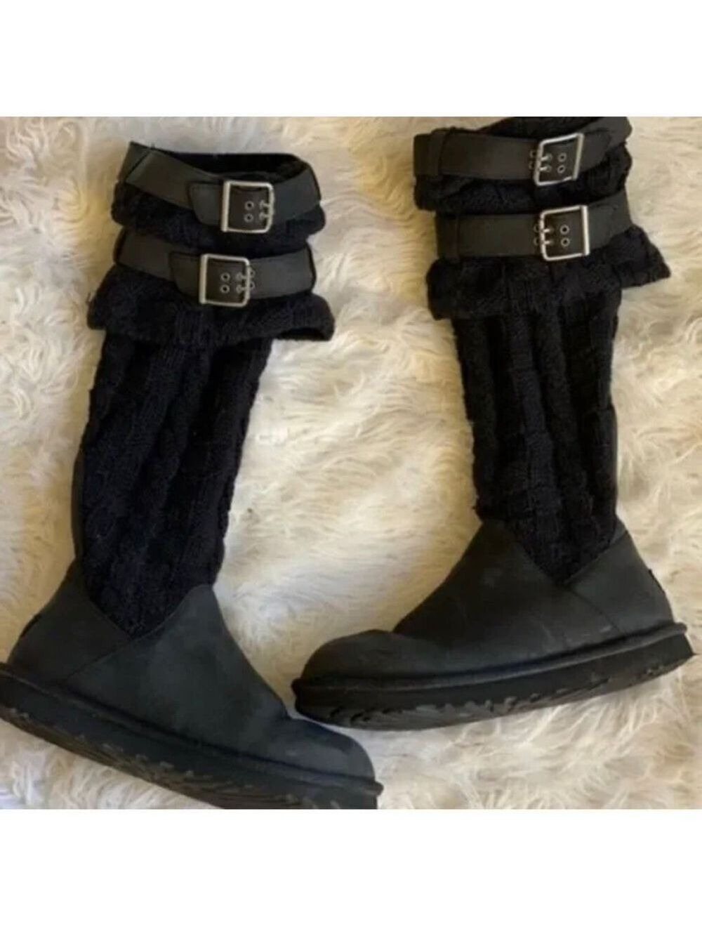Ugg Casidee tall cable knit black knee high fold over double buckle 6
